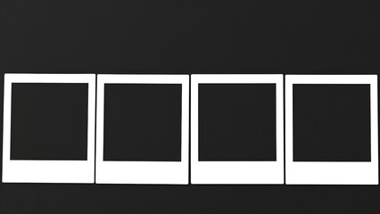 Four blank Polaroid frames aligned horizontally on black background, Generative AI