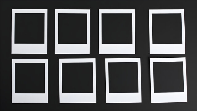 Empty Polaroid frames arranged on black background in two rows, Generative AI