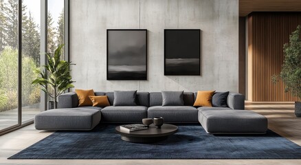 Contemporary living room with gray sectional sofa, concrete walls, and large windows overlooking nature