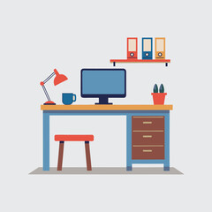 computer desk illustration, work place vector. computer with table