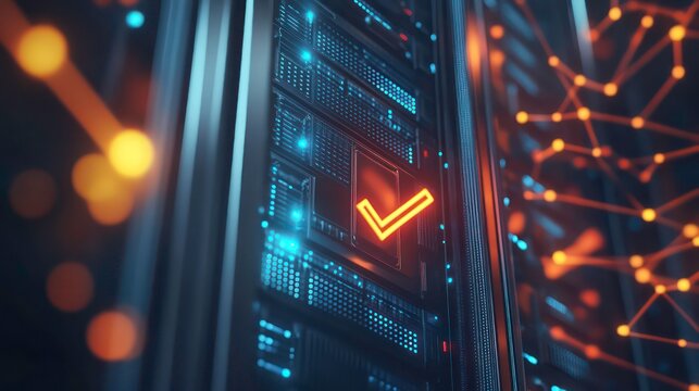 A server rack with a glowing checkmark on one of the server units.