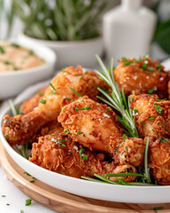 Fototapeta premium Fried chicken in a beautiful plate on a counter in modern kitchen, blur background.