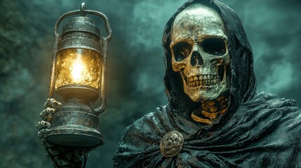 Skeleton Holding Lantern in Dark  Mysterious Setting
