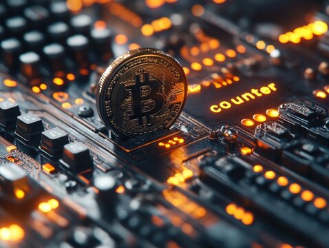 Cryptocurrency bitcoin on circuit board with glow and counter display