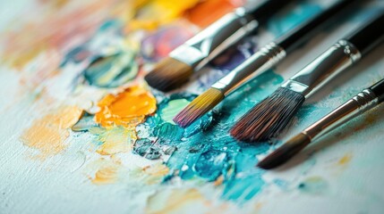 Fototapeta premium Close-up of a colorful watercolor palette and paintbrushes on a pristine white surface, providing a clean backdrop for artistic concepts.