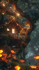 Elven forest retreat adorned with luminescent blooms, 4K hyperrealistic photo