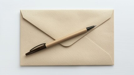 Brown Envelope with a Wooden Pen on a White Background