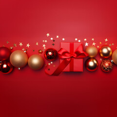 Christmas gifts with red ribbons and decorations in a row on red abstract background. Horizontal composition, flat lay, top view.