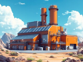 Obraz premium Modern industrial power plant in desert landscape with solar panels