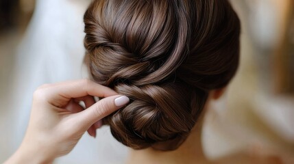 Obraz premium Close-up of a hairstylist's hands forming a chic updo, focusing on the elegance and detail of the process
