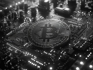 Monochrome bitcoin circuit board: cryptocurrency technology and digital innovation
