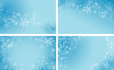Abstract Christmas background set with snowflakes, bubbles and shining particles. Vector realistic winter themed prints collection. Snowfall templates for holiday decorations and greeting cards