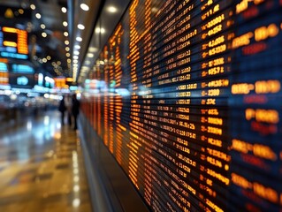 Illuminated financial data display in modern urban setting