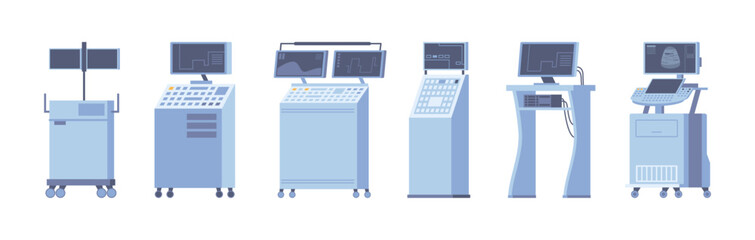 Hospital medical ultrasound diagnostic facility equipment. Vector MRI scanners set, medical check up. Future medicine, artificial intelligence. Clinical computer devices, healthcare and monitoring