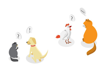 3D Isometric Flat  Set of Thinking Animals, Cat and Dog with Bubbles