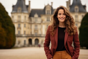 Fototapeta premium Portrait of a smiling woman in her 20s dressed in a stylish blazer isolated on backdrop of a grand castle