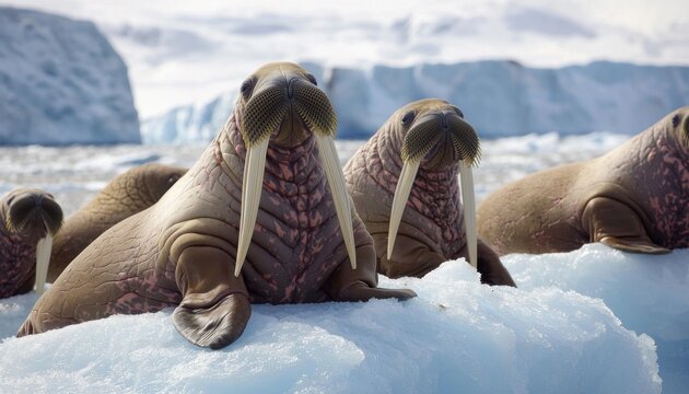 A group of walruses lounging on ice in a serene, icy landscape, showcasing their distinctive tusks and blubbery bodies.