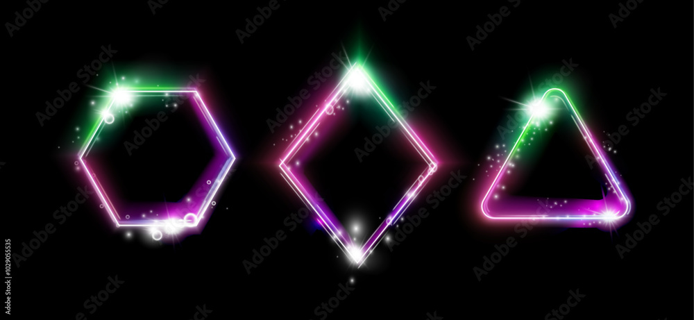 Fototapete neon magic frames, set of realistic borders with glowing effect. vector isolated icons with copy spa