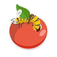 3D Isometric Flat  Illustration of Cute Cartoon Caterpillar, Bitten Apple