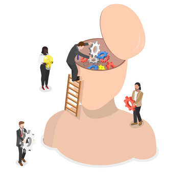 3D Isometric Flat  Illustration of Knowledge Development, Gears and Technical Wheels as Thoughts
