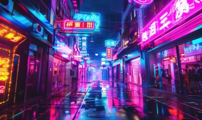 Neon-lit street in a futuristic city, 4K hyperrealistic photo