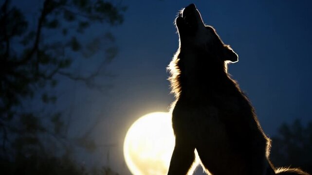 A silhouette of a werewolf howling up at the full moon.