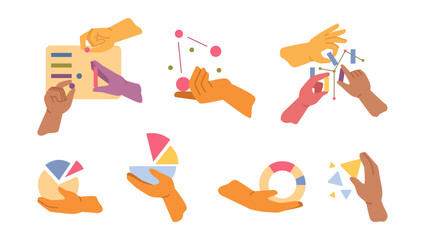 Hands holding charts and diagrams. Vector isolated set of flat pie graphics, interaction in teams and teamwork. Business development and visualization, searching statistics and ordering data