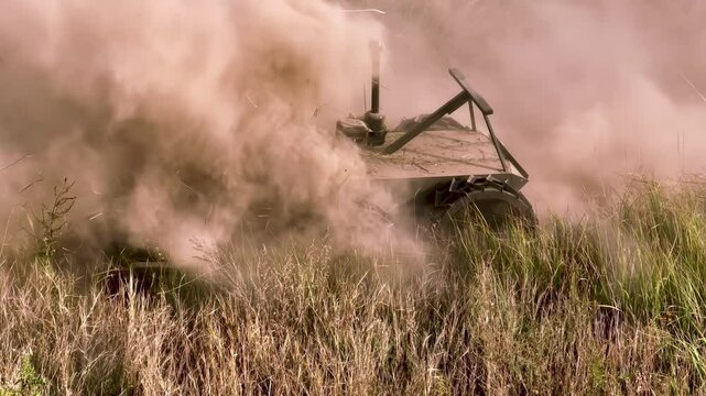 Aerial view of the robotic tracked vehicle for remote demining. The machine is part of a robotic engineering system designed for remote demining. Ukraine.