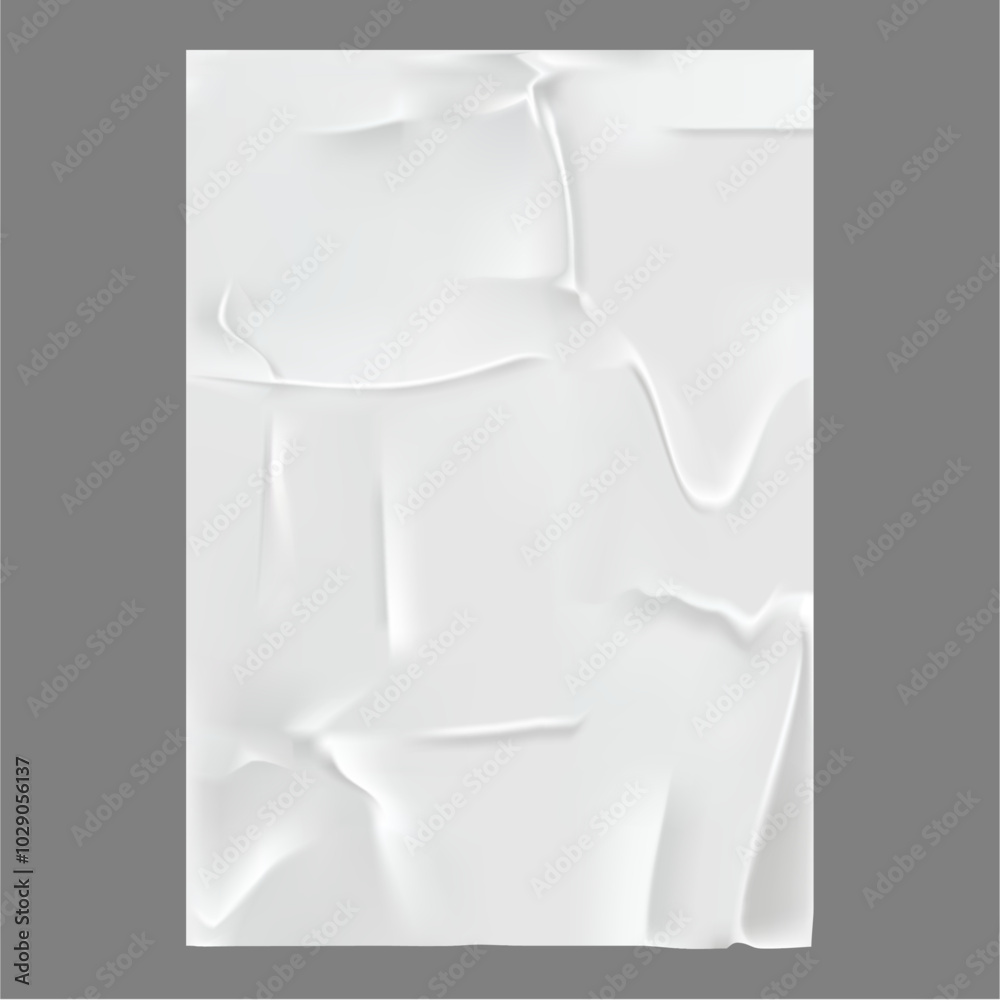 Poster Glued paper wrinkled effect, isolated realistic wet page with wrinkles and creases. Vector blank template with copy space. Empty poster or banner with crumpled surface, white vertical billboard