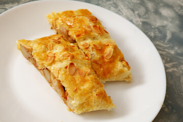 Pear strudel on plate