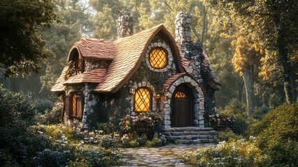 Fototapeta premium A charming stone cottage with a thatched roof and a winding path leading to the front door, nestled in a lush green forest.