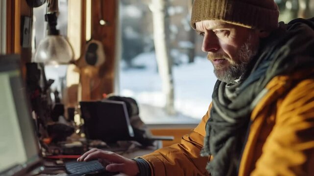 A man in a warm hat and scarf works on a laptop in a cozy, snowy cabin with natural light filtering through the window.