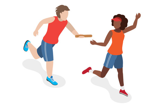 3D Isometric Flat  Illustration of Thrilling Relay Race, Speedy and Precise Relay Race Demonstrates Male and Female Sprinters Teamwork.