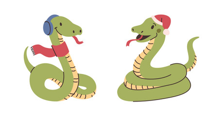 Obraz premium Snakes wearing winter clothes. Vector in flat style, isolated personages for christmas holiday. Greeting postcard decoration or emoticon, sticker. Serpent with scarf and santa claus hat