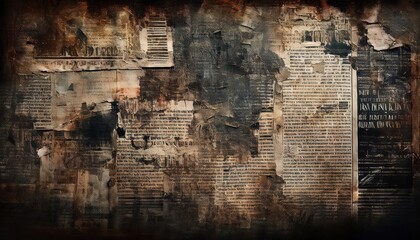 Obraz premium Aged, Torn, and Weathered Newspaper Collage. Vintage Newsprint Layers with Burnt Edges and Textured Decay for Historical, Rustic, and Grunge Background Concepts