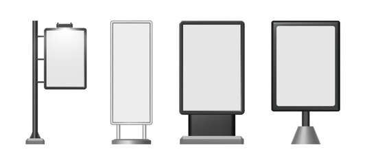 Billboards stands, isolated standard sizes banners for ad media and promo. Vector advertising poster vertical mockup, blank signage empty construction for outdoor panel street advertisements © Sensvector