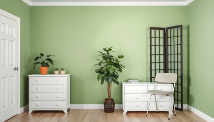 White chest of drawers with houseplant, chair and folding screen near green wall in room isolated with white highlights, png