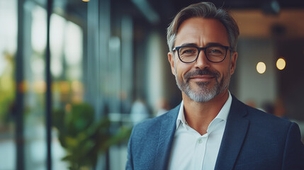 Fototapeta premium Confident business leader presenting, a middle-aged professional standing in a meeting room, smiling, and holding documents, leading a discussion.