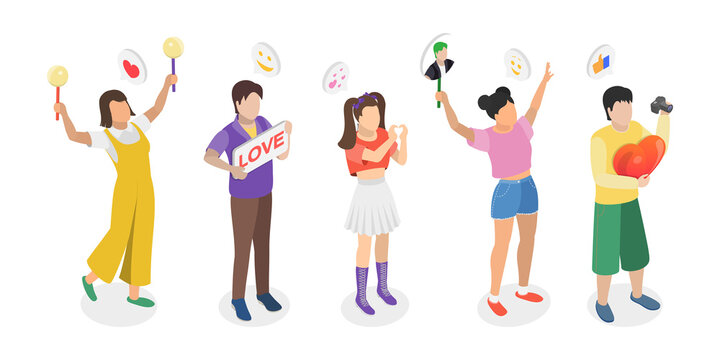 3D Isometric Flat  Illustration of K Pop Music Fans, Supporters displaying placards at event.
