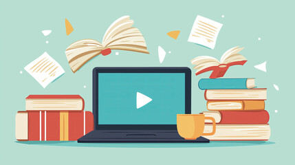 Laptop with play button, books, coffee cup, and flying pages.