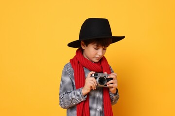 Boy with camera pretending to be photographer on orange background. Dreaming of future profession