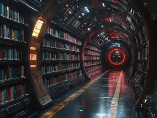 Futuristic library tunnel with endless bookshelves and neon red lighting