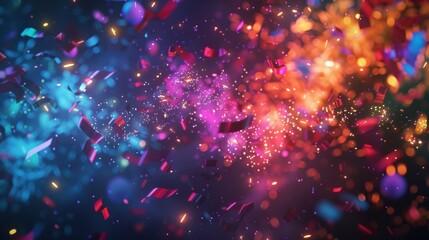Vibrant Neon Fireworks and Confetti Swirling in Festive Night Sky for New Year's Celebrations