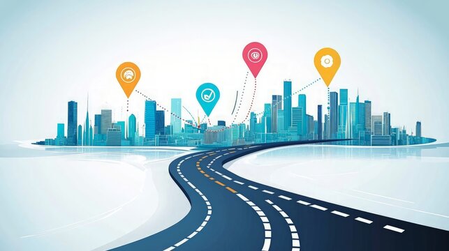 Business timeline infographic, cityscape backdrop, modern design elements, milestone markers, digital marketing focus, data presentation chart,  illustration for professional use