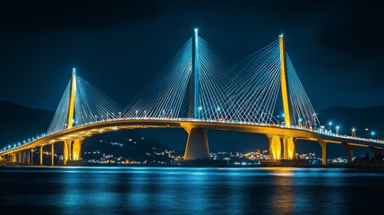 Obraz premium A modern cable-stayed bridge with illuminated cables spanning a body of water at night. The bridge has a large number of lights on it which create a warm glow against the dark night sky.