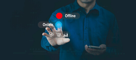 Online vs offline sales or marketing strategy concept, Businessman using virtual touchscreen...