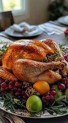 Holiday turkey, cooked until golden brown, placed on a large silver platter. Thanksgiving or Christmas dinner.