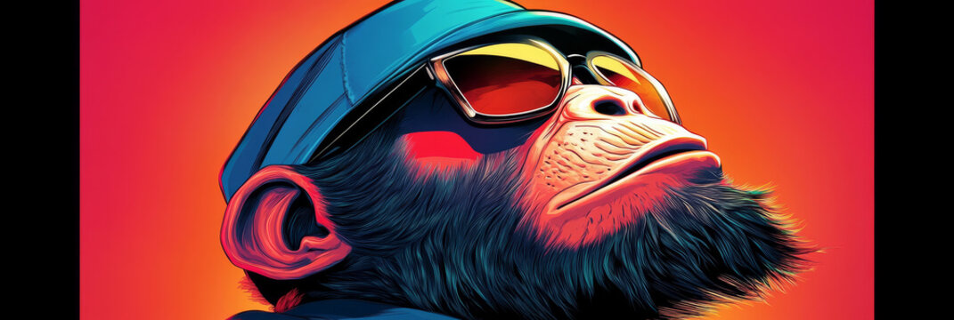Cool monkey wearing sunglasses and a hat.