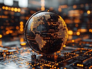 Glowing digital globe on circuit board: futuristic technology concept