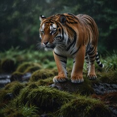 Obraz premium A majestic Bengal tiger stands on a mossy rock in a lush green forest. Its piercing blue eyes stare intently at something beyond the frame.